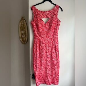 Bettie Page Orange Pink Sheath Midi Dress Mock Neck Sleeveless
